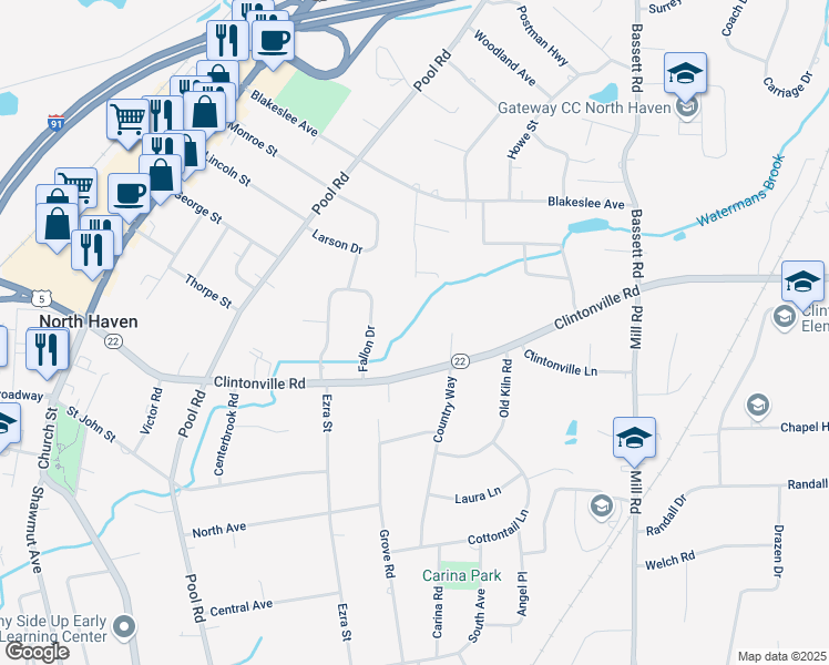 map of restaurants, bars, coffee shops, grocery stores, and more near 71 Fallon Drive in North Haven