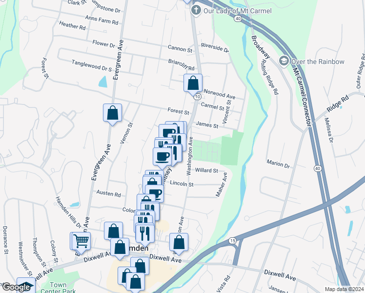 map of restaurants, bars, coffee shops, grocery stores, and more near 2594 Whitney Avenue in Hamden
