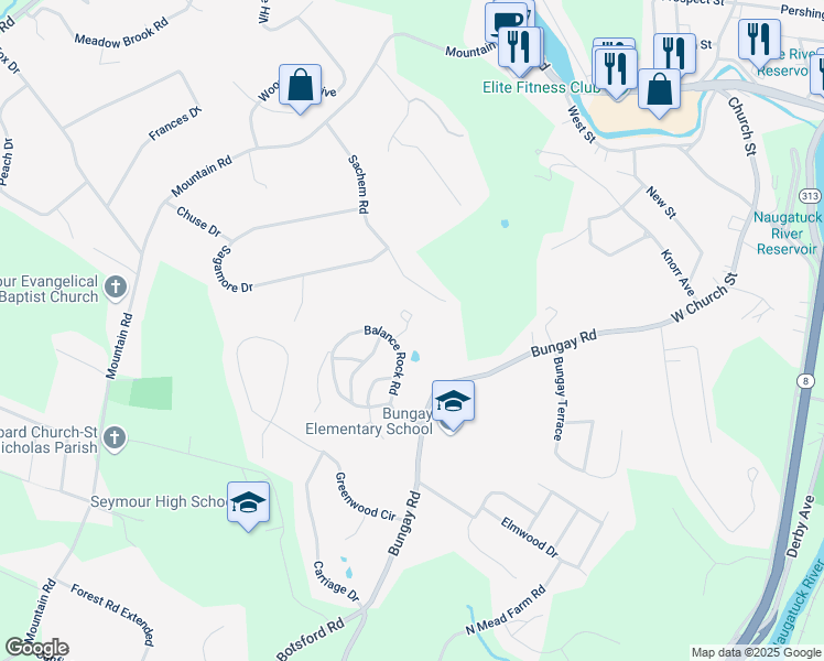map of restaurants, bars, coffee shops, grocery stores, and more near 26 Balance Rock Road in Seymour