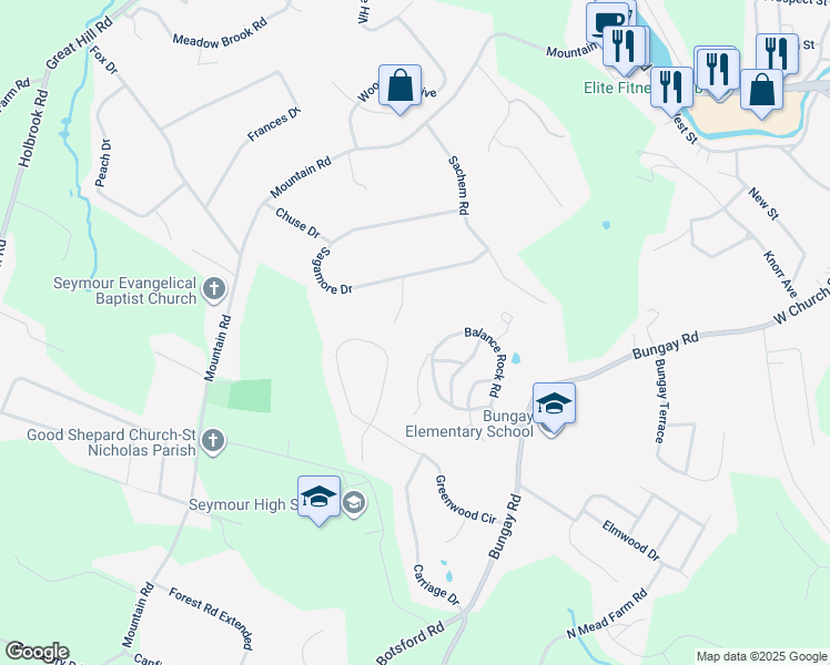 map of restaurants, bars, coffee shops, grocery stores, and more near 5 Sauquett Lane in Seymour