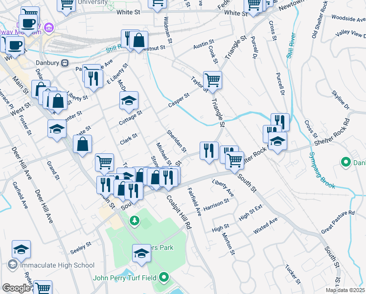 map of restaurants, bars, coffee shops, grocery stores, and more near 19 Sheridan Street in Danbury