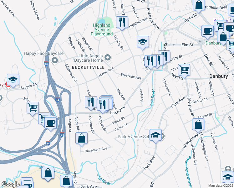 map of restaurants, bars, coffee shops, grocery stores, and more near 20 Well Avenue in Danbury