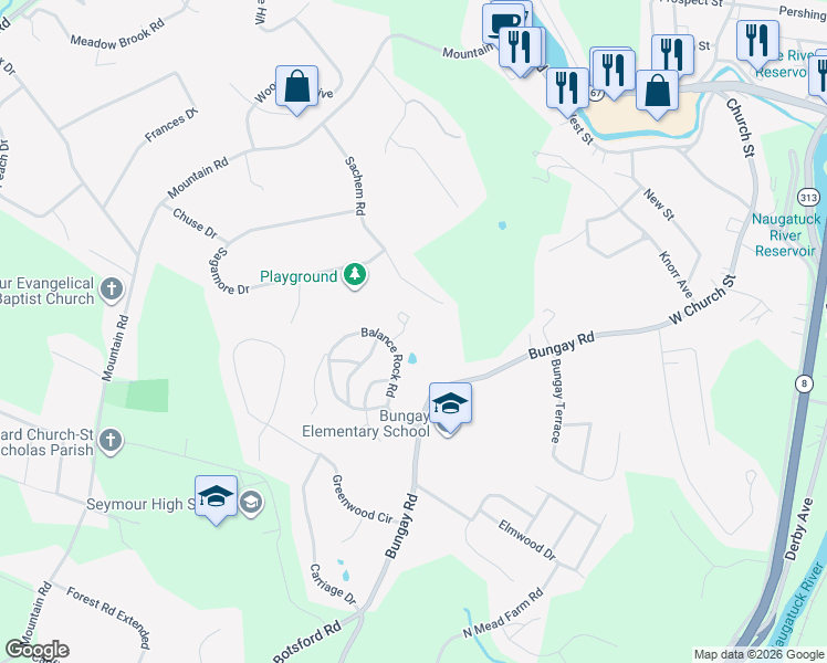 map of restaurants, bars, coffee shops, grocery stores, and more near 26 Balance Rock Road in Seymour