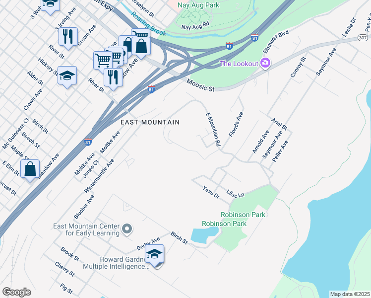map of restaurants, bars, coffee shops, grocery stores, and more near Waldorf Lane in Scranton