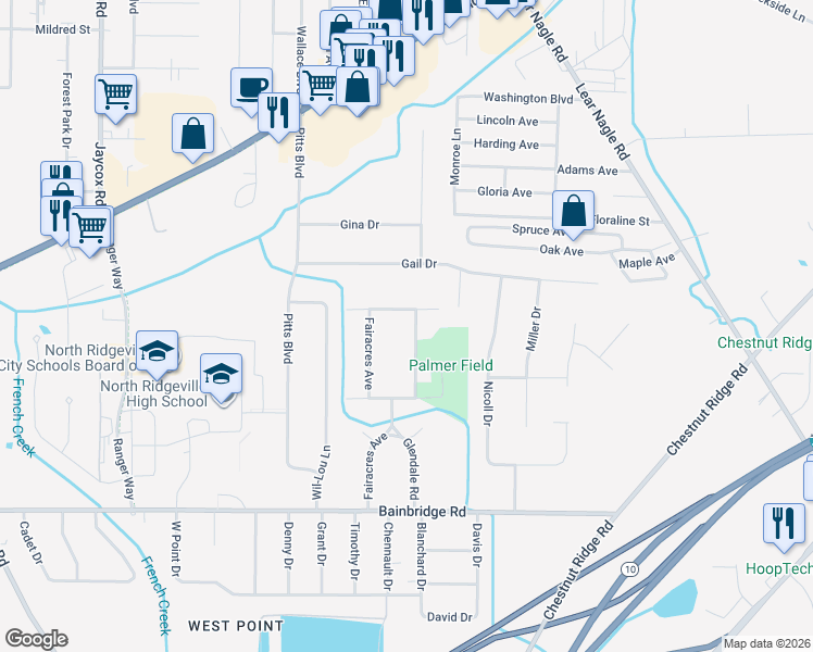 map of restaurants, bars, coffee shops, grocery stores, and more near 6834 Glendale Road in North Ridgeville
