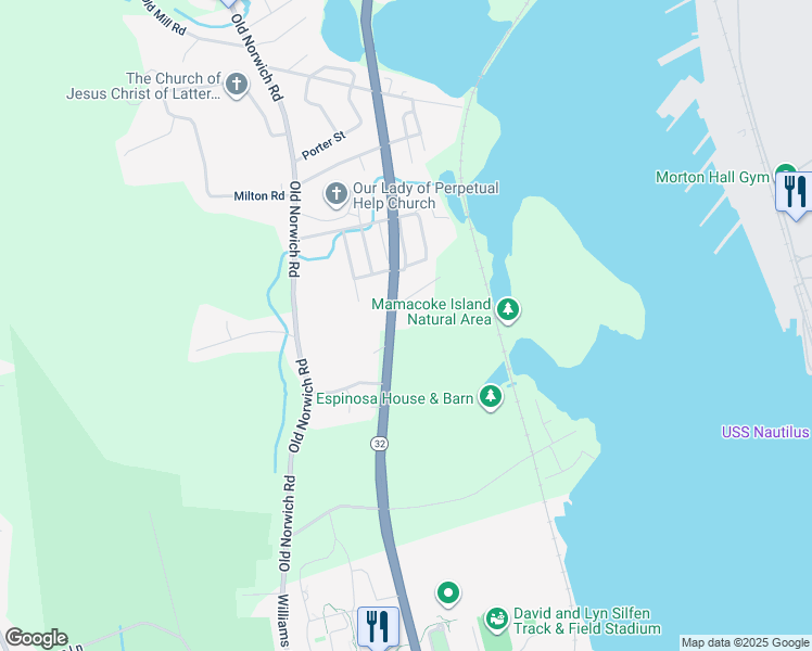map of restaurants, bars, coffee shops, grocery stores, and more near 451 Mohegan Avenue Parkway in Waterford