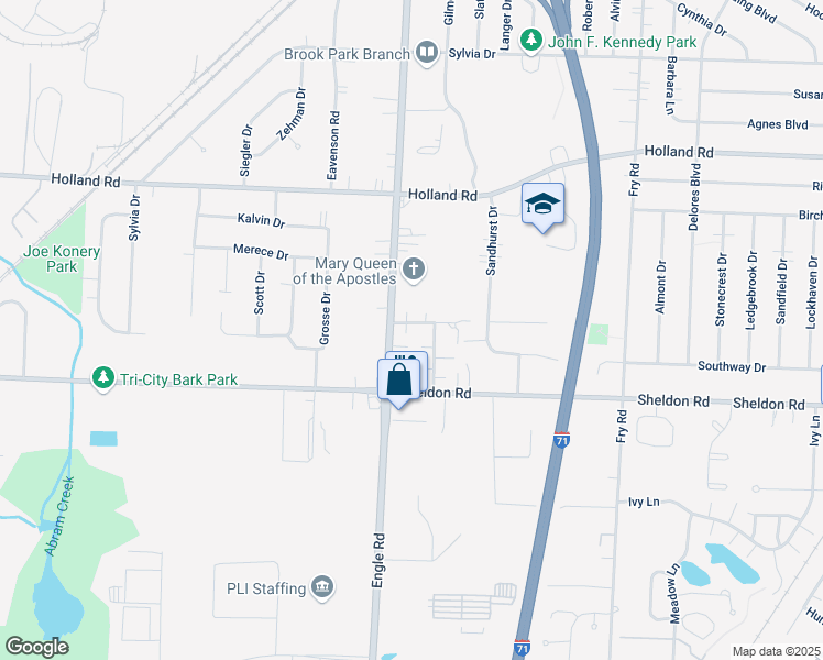map of restaurants, bars, coffee shops, grocery stores, and more near 17626 Independence Court in Brook Park
