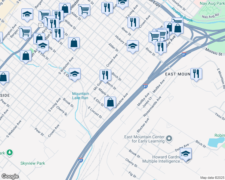 map of restaurants, bars, coffee shops, grocery stores, and more near 831 Stafford Avenue in Scranton