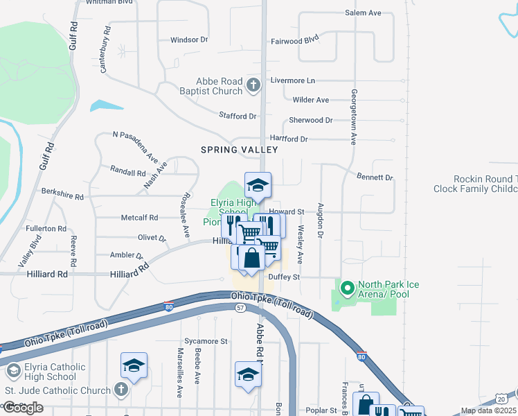 map of restaurants, bars, coffee shops, grocery stores, and more near 570 Abbe Road North in Elyria
