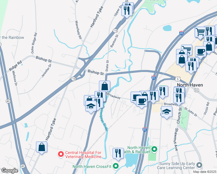 map of restaurants, bars, coffee shops, grocery stores, and more near 27 State Street in North Haven