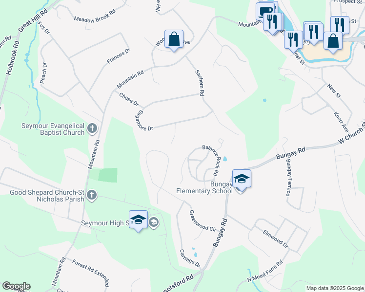 map of restaurants, bars, coffee shops, grocery stores, and more near 5 Sauquett Lane in Seymour