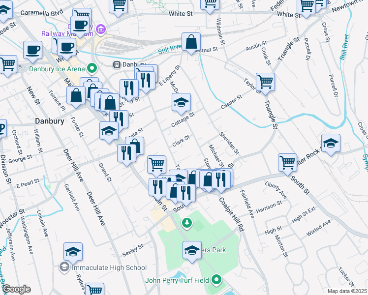 map of restaurants, bars, coffee shops, grocery stores, and more near 8 Clark Street in Danbury