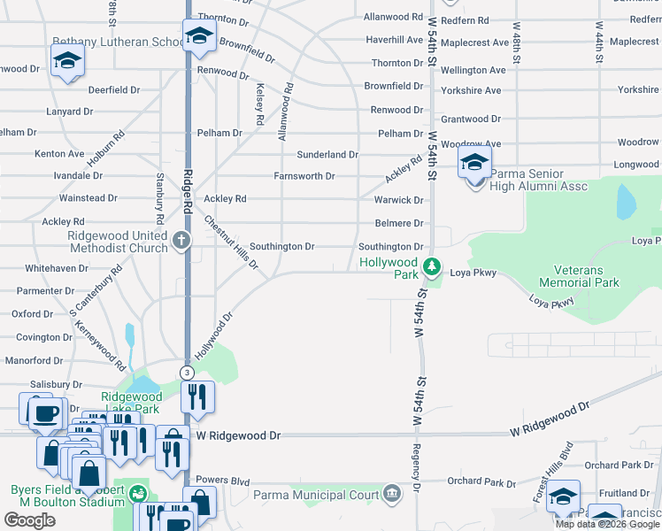 map of restaurants, bars, coffee shops, grocery stores, and more near 6103 Southington Drive in Parma