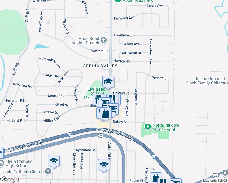 map of restaurants, bars, coffee shops, grocery stores, and more near 609 Abbe Road North in Elyria