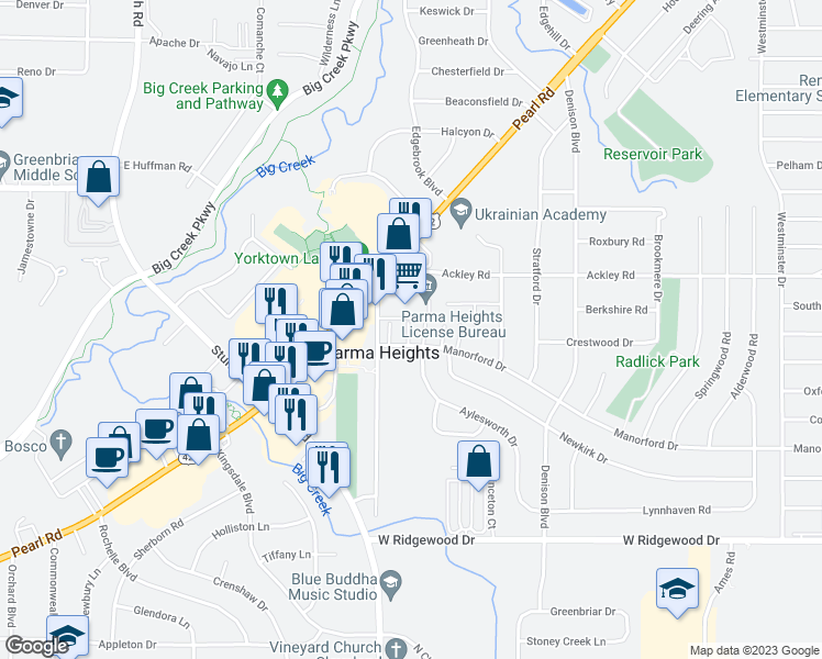 map of restaurants, bars, coffee shops, grocery stores, and more near 10376 Manorford Drive in Parma Heights