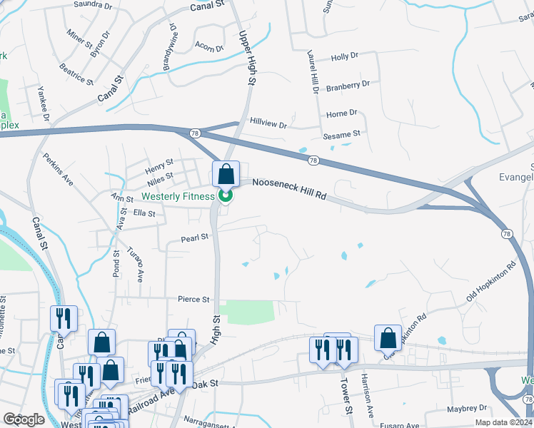 map of restaurants, bars, coffee shops, grocery stores, and more near 23R Ashaway Road in Westerly