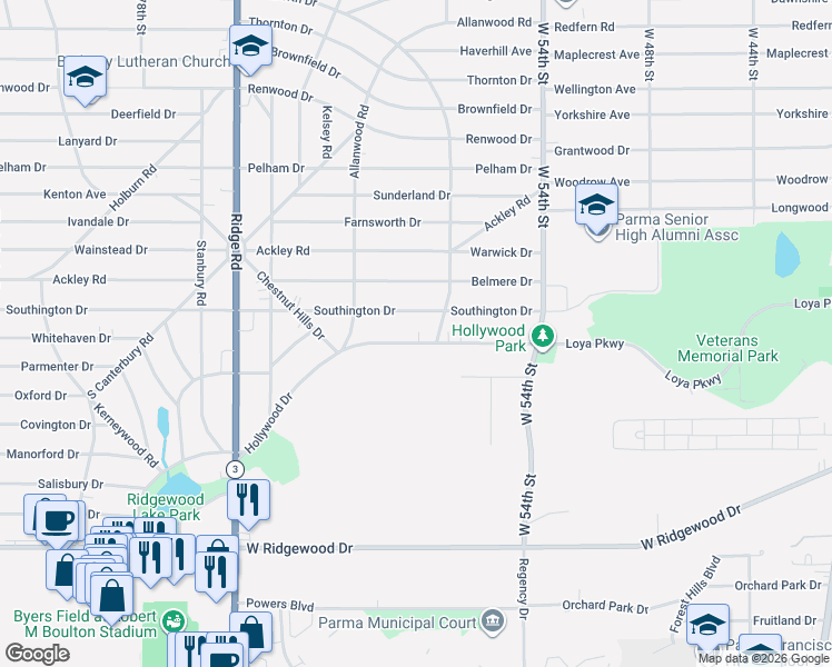 map of restaurants, bars, coffee shops, grocery stores, and more near 6103 Southington Drive in Parma