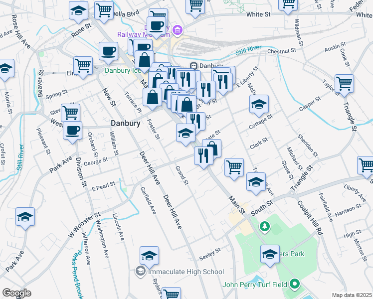 map of restaurants, bars, coffee shops, grocery stores, and more near 98 Main Street in Danbury