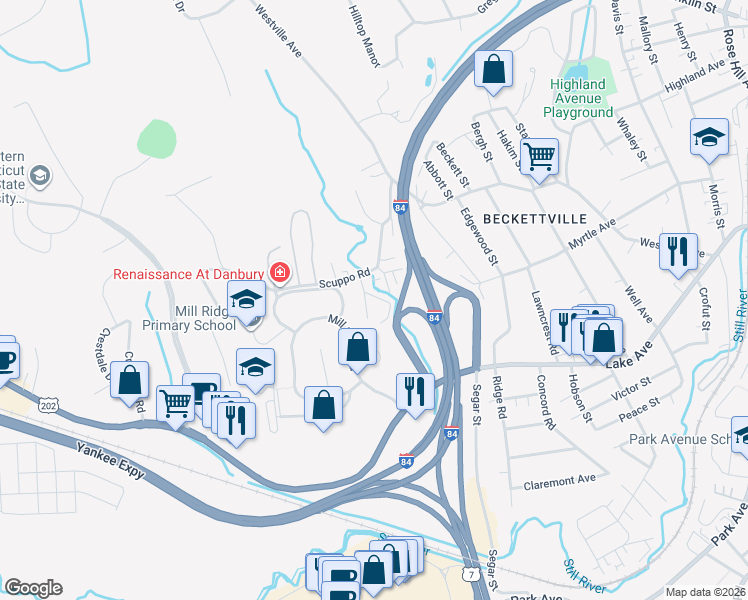 map of restaurants, bars, coffee shops, grocery stores, and more near 10 Scuppo Road in Danbury