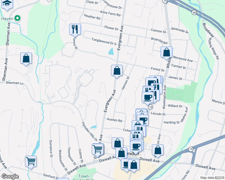 map of restaurants, bars, coffee shops, grocery stores, and more near 250 Evergreen Avenue in Hamden
