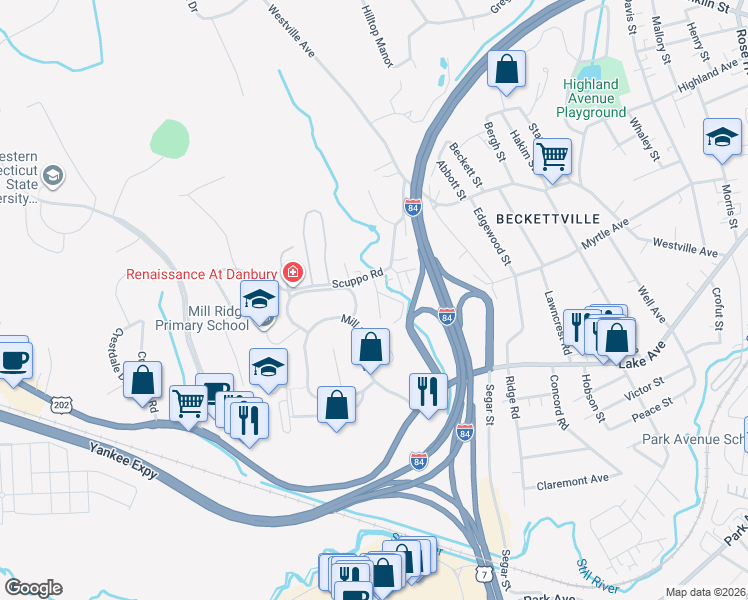 map of restaurants, bars, coffee shops, grocery stores, and more near 9 High Ridge Road in Danbury