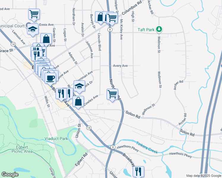 map of restaurants, bars, coffee shops, grocery stores, and more near 838 Northfield Road in Bedford
