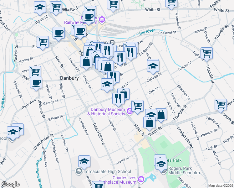 map of restaurants, bars, coffee shops, grocery stores, and more near Connecticut 53 in Danbury