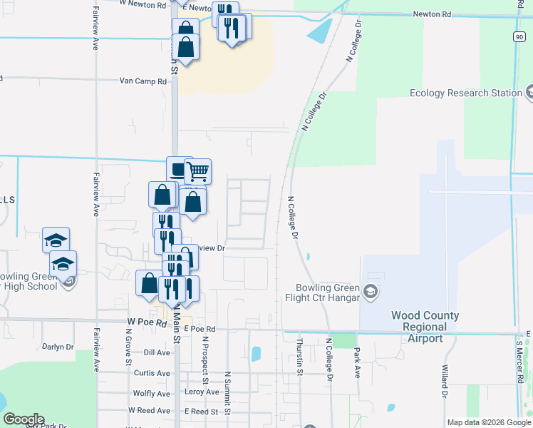 map of restaurants, bars, coffee shops, grocery stores, and more near Maple Hill M H P Road 1 in Bowling Green