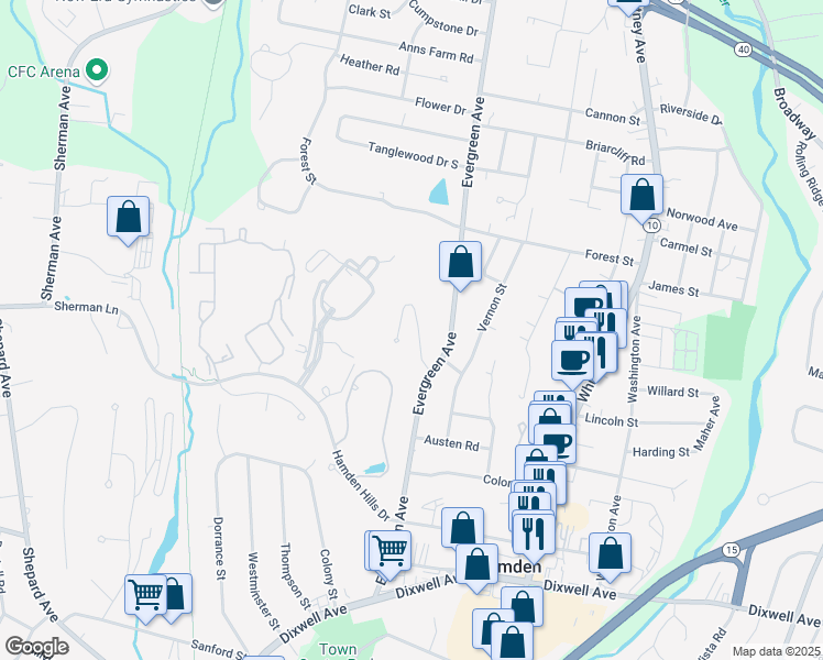 map of restaurants, bars, coffee shops, grocery stores, and more near 200 Evergreen Avenue in Hamden