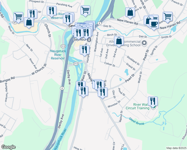 map of restaurants, bars, coffee shops, grocery stores, and more near 7 Maple Street in Seymour