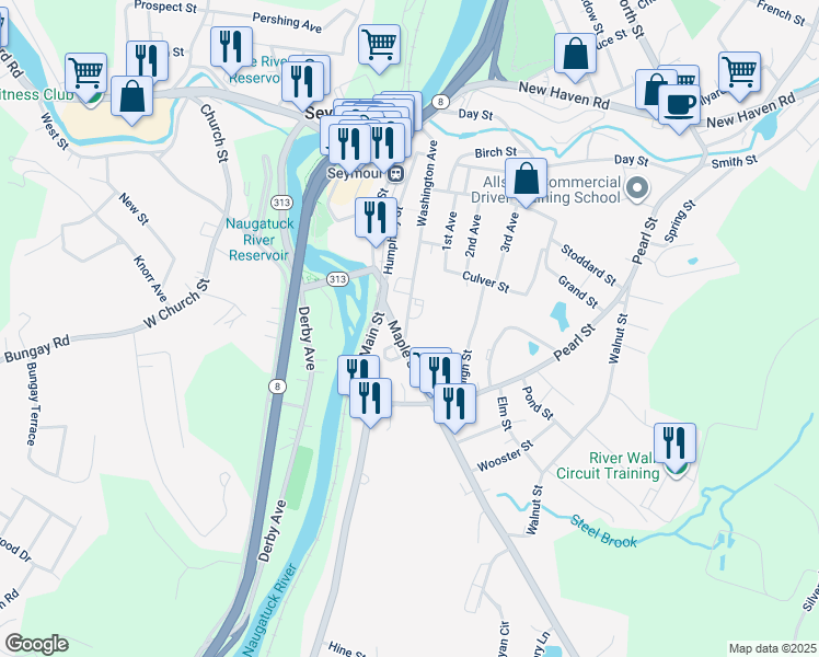 map of restaurants, bars, coffee shops, grocery stores, and more near 7 Maple Street in Seymour