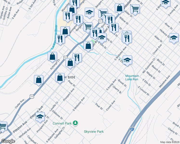 map of restaurants, bars, coffee shops, grocery stores, and more near 1405 Prospect Avenue in Scranton