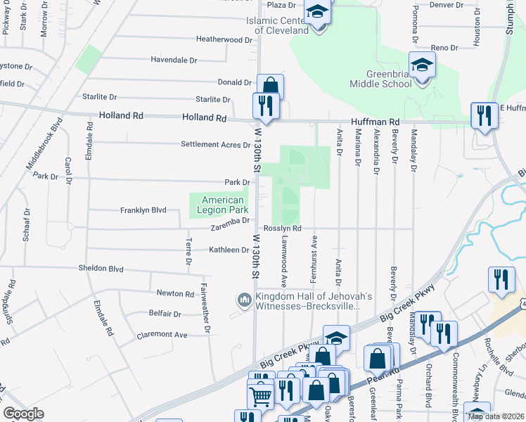 map of restaurants, bars, coffee shops, grocery stores, and more near 6327 West 130th Street in Parma Heights