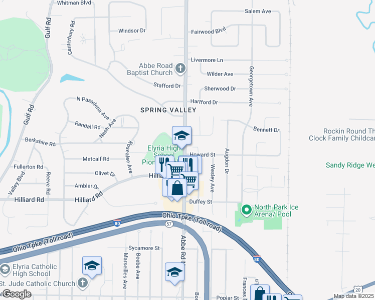 map of restaurants, bars, coffee shops, grocery stores, and more near 609 Abbe Road North in Elyria