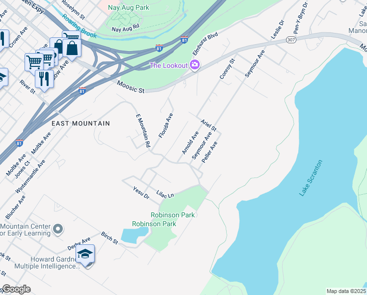 map of restaurants, bars, coffee shops, grocery stores, and more near 122 Arnold Avenue in Scranton