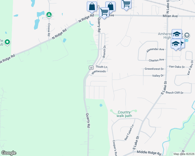 map of restaurants, bars, coffee shops, grocery stores, and more near 45 Westwoods in Amherst