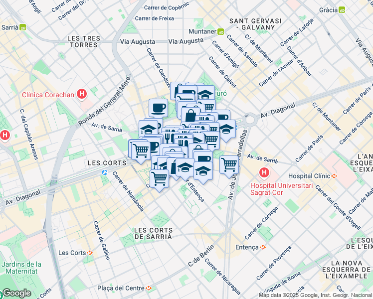 map of restaurants, bars, coffee shops, grocery stores, and more near 525 Avinguda Diagonal in Barcelona