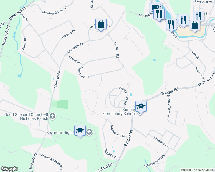 map of restaurants, bars, coffee shops, grocery stores, and more near 79 Balance Rock Road in Seymour