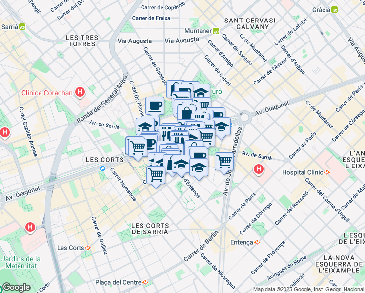 map of restaurants, bars, coffee shops, grocery stores, and more near 525 Avinguda Diagonal in Barcelona