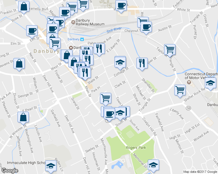 map of restaurants, bars, coffee shops, grocery stores, and more near 50 Town Hill Avenue in Danbury