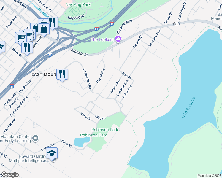 map of restaurants, bars, coffee shops, grocery stores, and more near 122 Arnold Avenue in Scranton