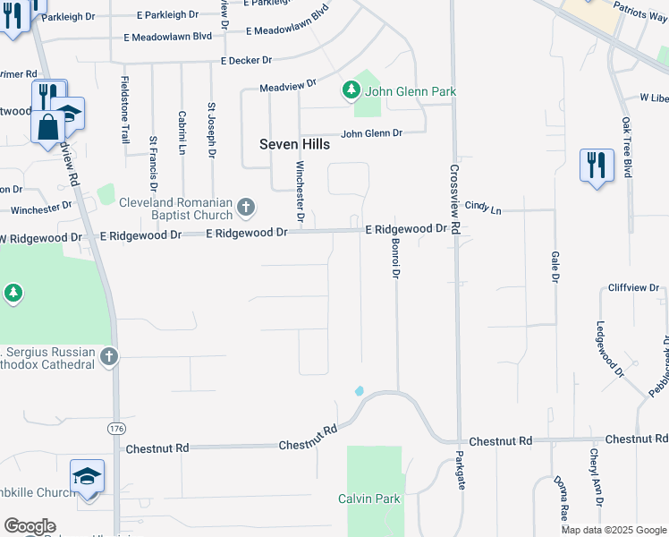 map of restaurants, bars, coffee shops, grocery stores, and more near 1605 Primrose Drive in Seven Hills