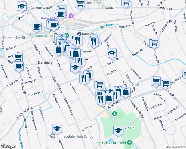 map of restaurants, bars, coffee shops, grocery stores, and more near 9 Park Place in Danbury