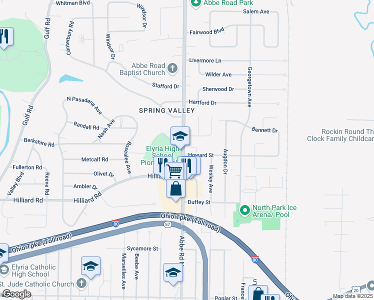 map of restaurants, bars, coffee shops, grocery stores, and more near 605 Abbe Road North in Elyria