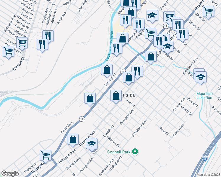 map of restaurants, bars, coffee shops, grocery stores, and more near 1705 Cedar Avenue in Scranton