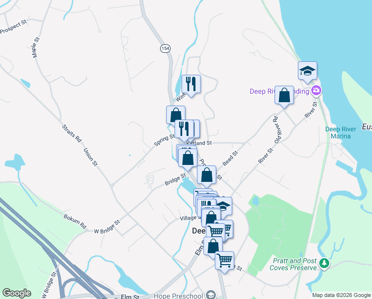 map of restaurants, bars, coffee shops, grocery stores, and more near 83 Main Street in Deep River