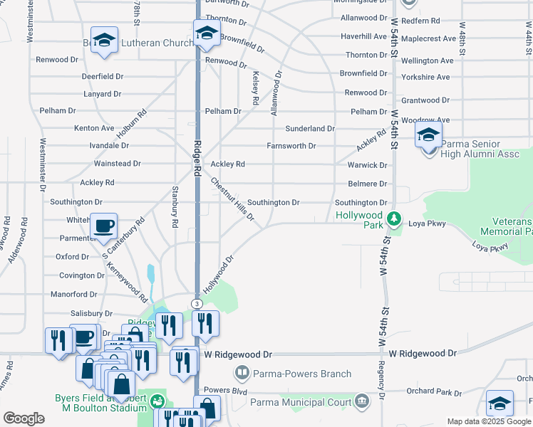 map of restaurants, bars, coffee shops, grocery stores, and more near 6342 Allanwood Drive in Cleveland