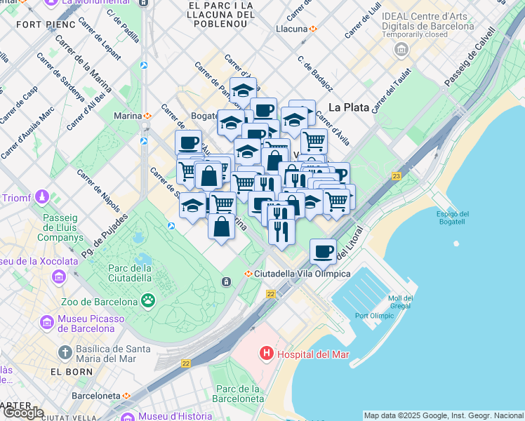 map of restaurants, bars, coffee shops, grocery stores, and more near 21 Carrer Joan Miró in Barcelona