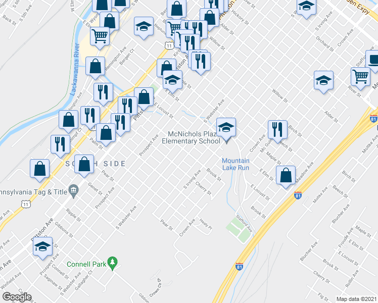 map of restaurants, bars, coffee shops, grocery stores, and more near 711 Brook Street in Scranton