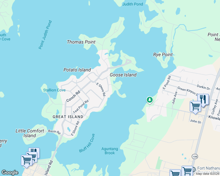 map of restaurants, bars, coffee shops, grocery stores, and more near 14 Wild Goose Lane in Narragansett